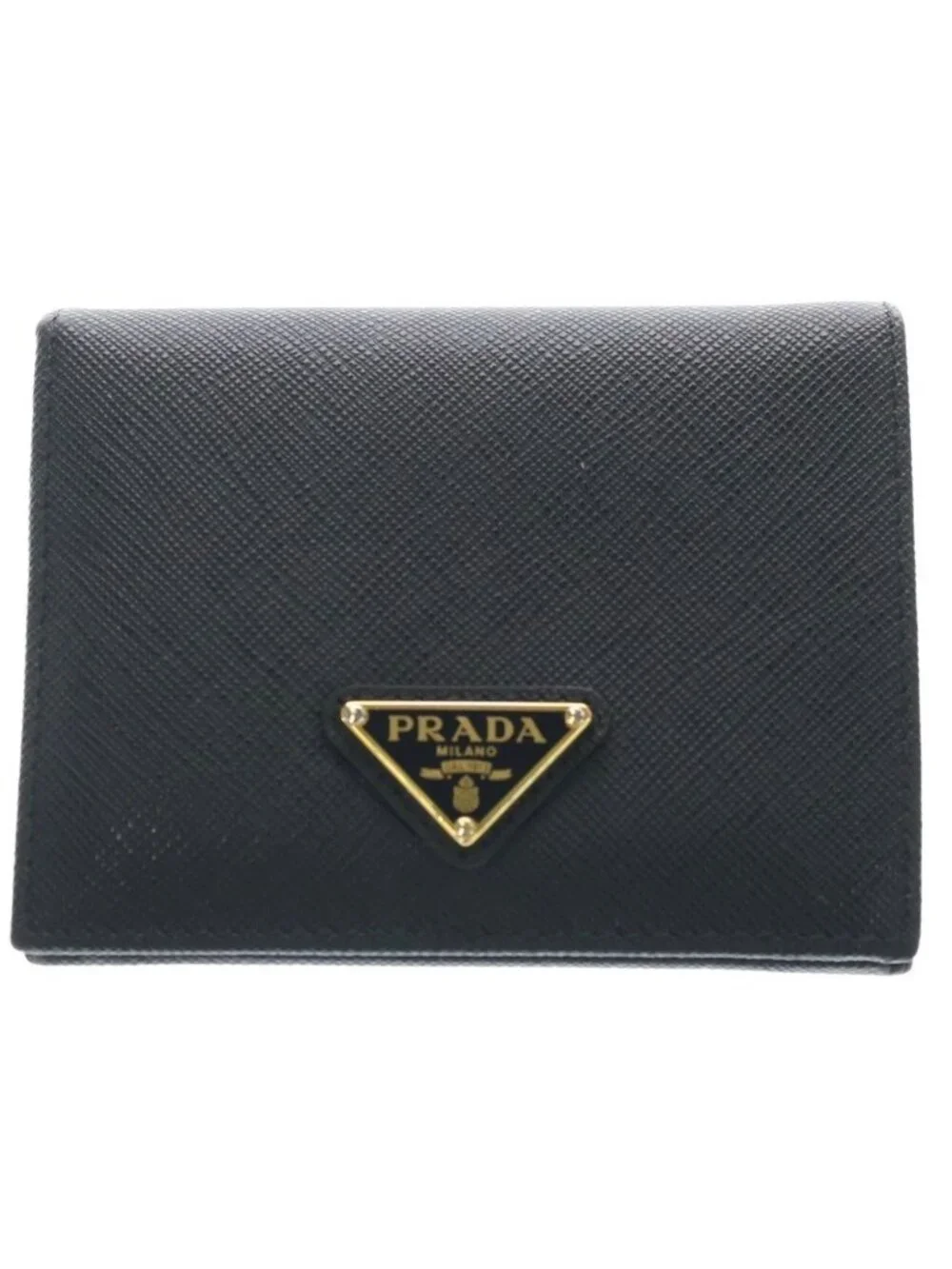 Prada Saffiano Triangle Logo Bifold Wallet Card Case Black Leather Gold